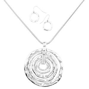 5 Ring Chunky Pendant Silver Necklace Earrings Set